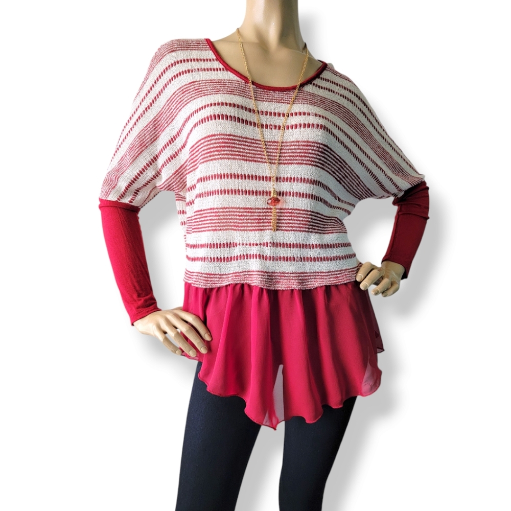 Red Striped Knit & Chiffon Contrast Blouse With Attached Necklace by New Mode